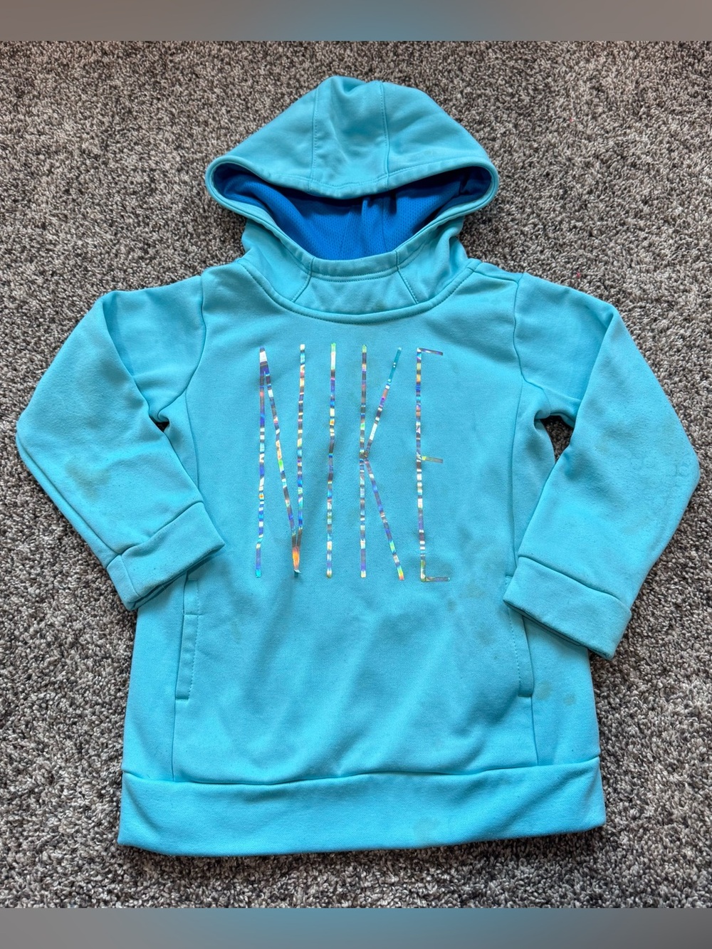 Nike Girls' Turquoise Hooded Fleece Pullover with Holographic Logo